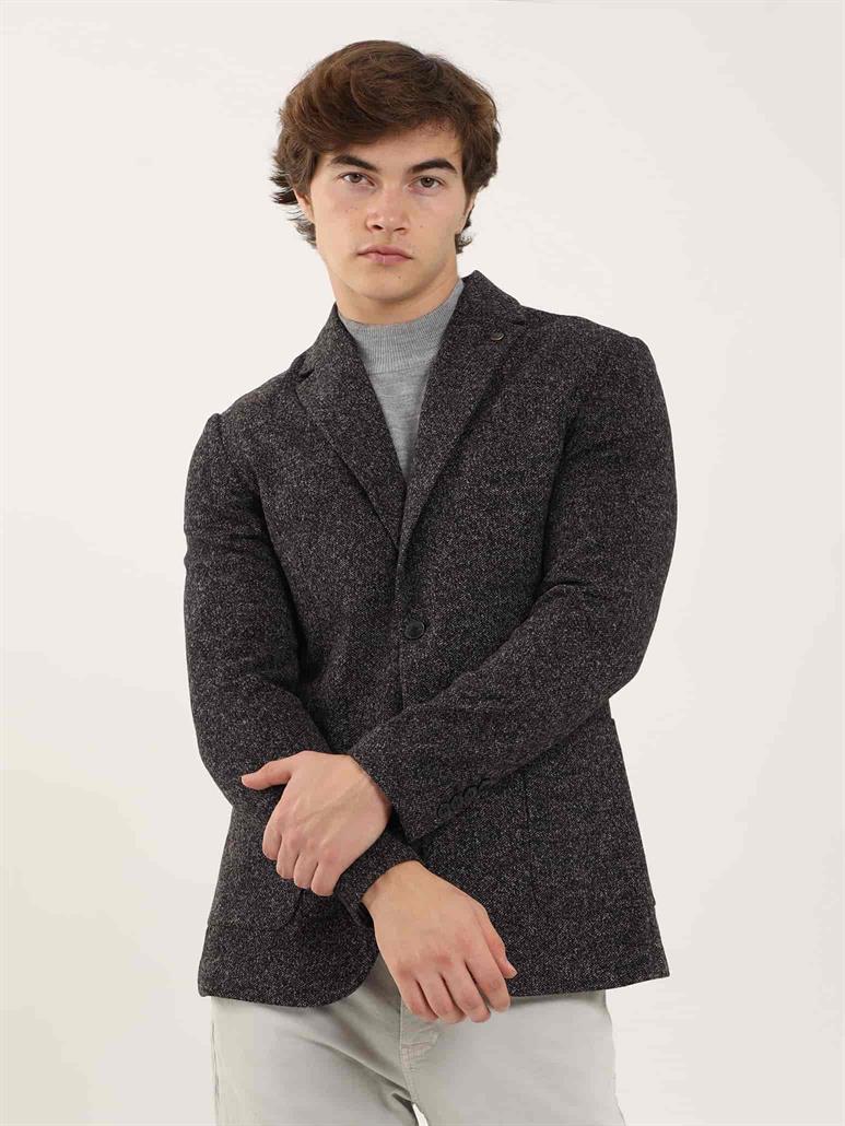 Siyah Erkek Slim Fit Melanj Desenli Casual Mono Yaka Ceket 