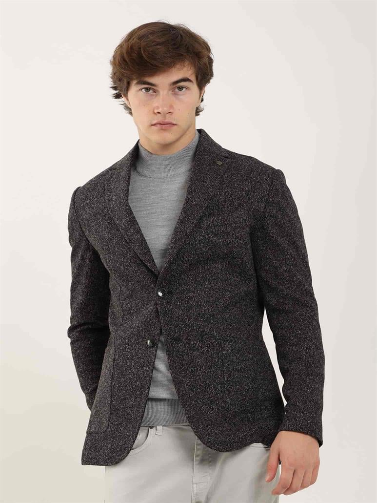 Siyah Erkek Slim Fit Melanj Desenli Casual Mono Yaka Ceket 
