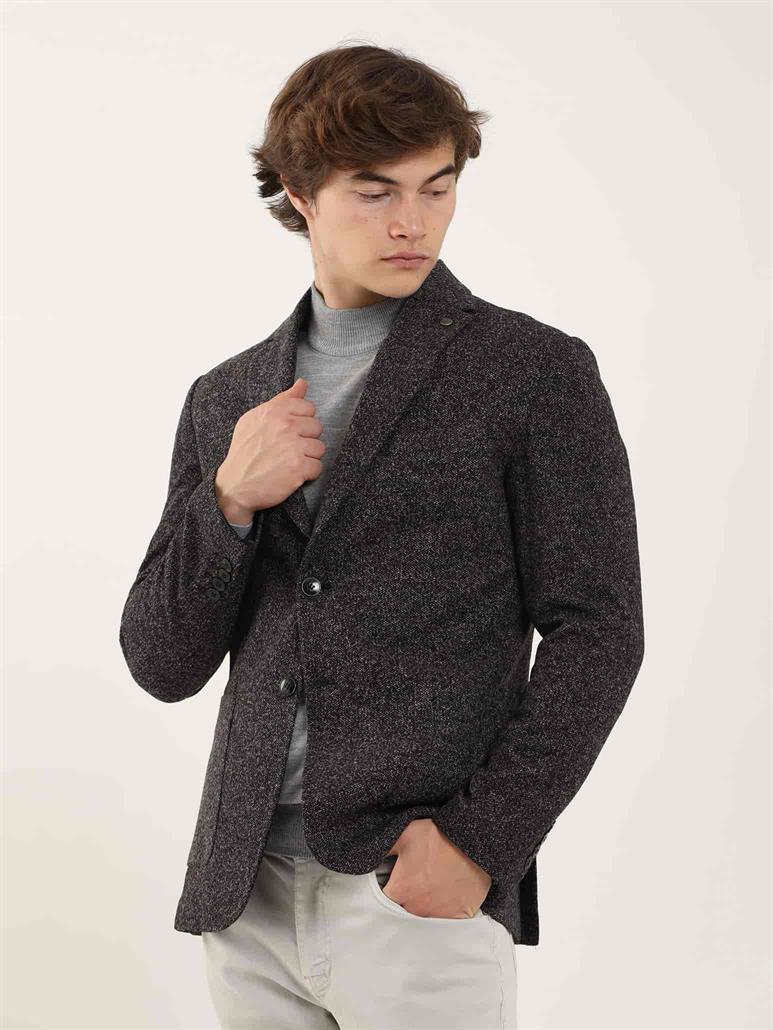 Siyah Erkek Slim Fit Melanj Desenli Casual Mono Yaka Ceket 