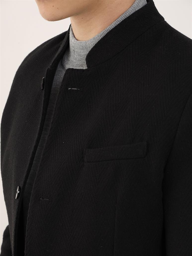Siyah Erkek Slim Fit Balıksırtı Desenli  Mono Yaka Ceket - 91215