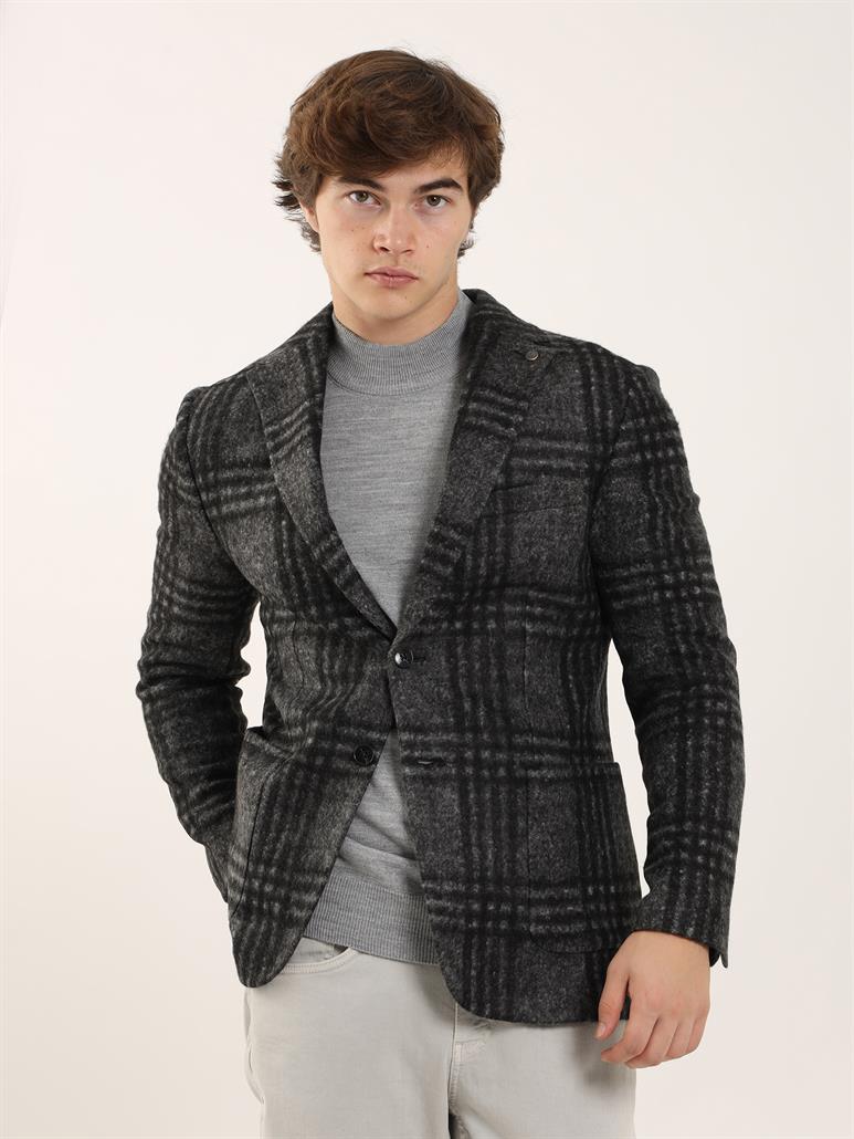 Siyah Erkek Slim Fit Ekose Desenli Casual Mono Yaka Ceket 