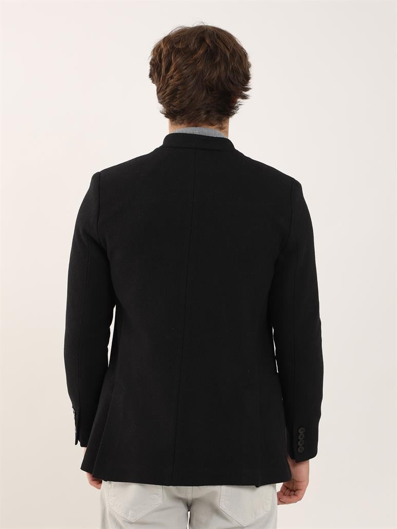 Siyah Erkek Slim Fit Balıksırtı Desenli  Mono Yaka Ceket - 91215
