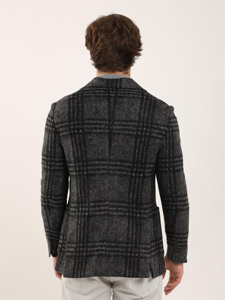 Siyah Erkek Slim Fit Ekose Desenli Casual Mono Yaka Ceket 