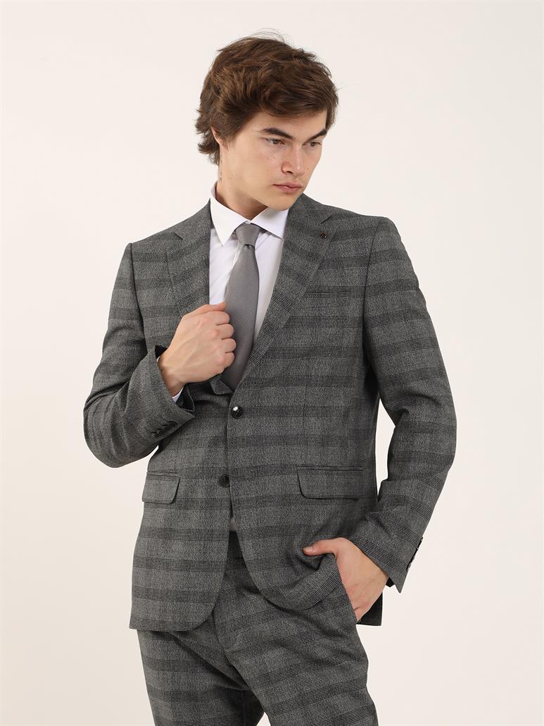 Siyah Erkek Slim Fit Ekoseli Casual Mono Yaka Takım Elbise 