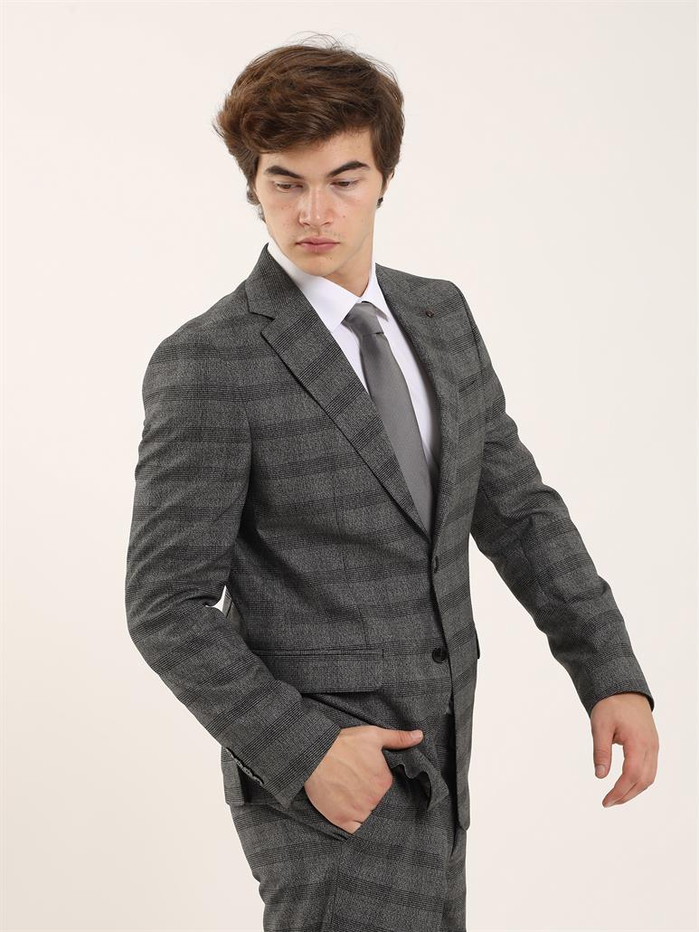 Siyah Erkek Slim Fit Ekoseli Casual Mono Yaka Takım Elbise 