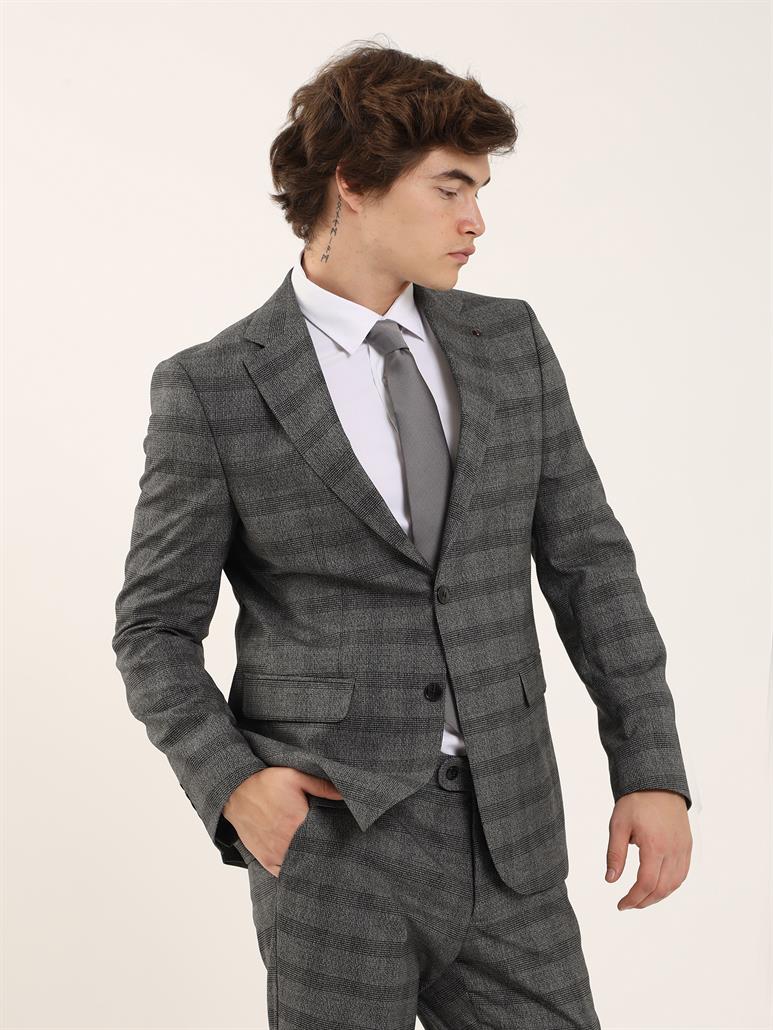 Siyah Erkek Slim Fit Ekoseli Casual Mono Yaka Takım Elbise 