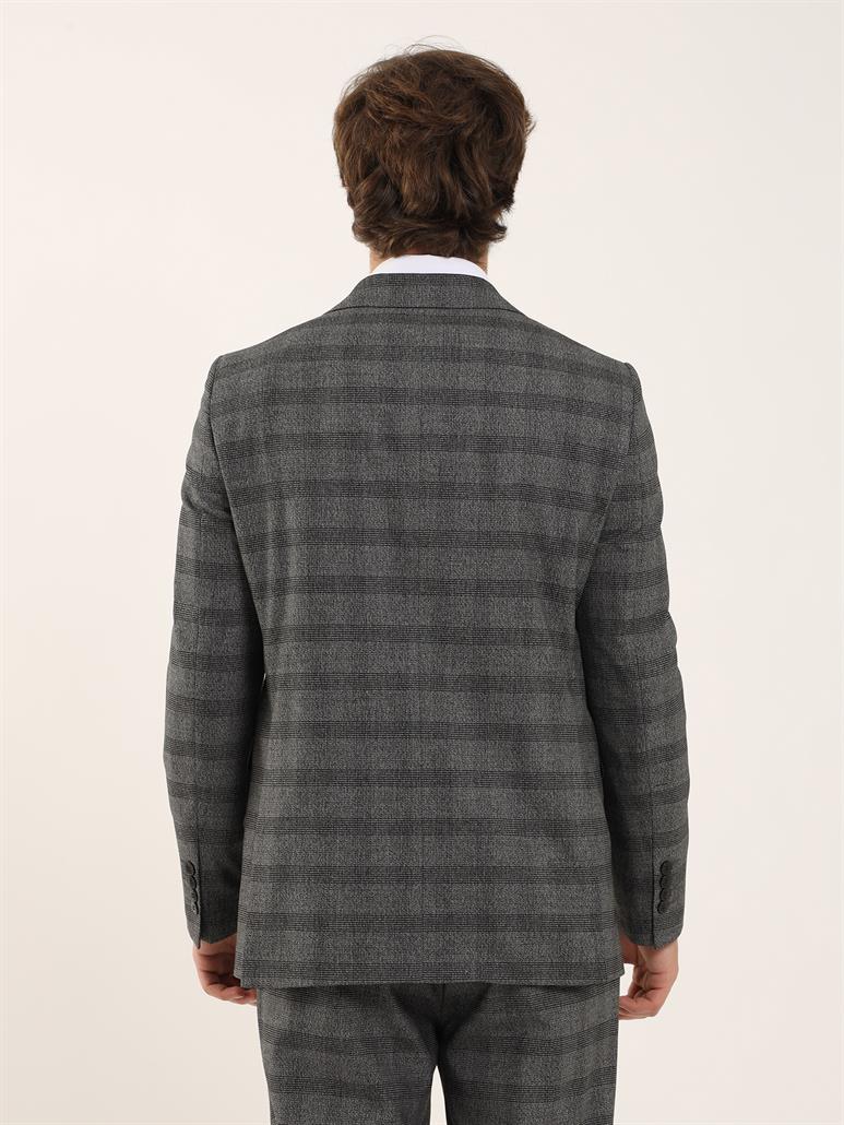 Siyah Erkek Slim Fit Ekoseli Casual Mono Yaka Takım Elbise 