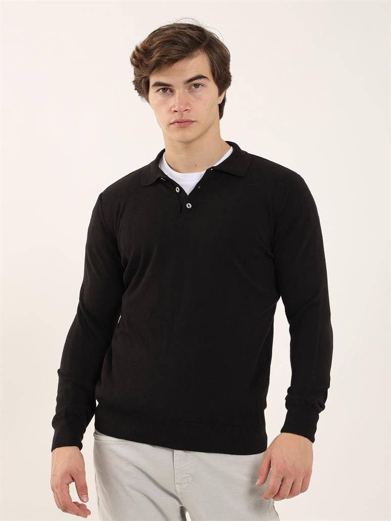 Siyah Erkek Slim Fit Düz Klasik Polo Yaka Triko 
