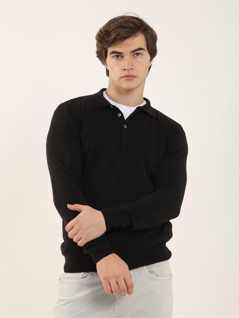 Siyah Erkek Slim Fit Düz Klasik Polo Yaka Triko 