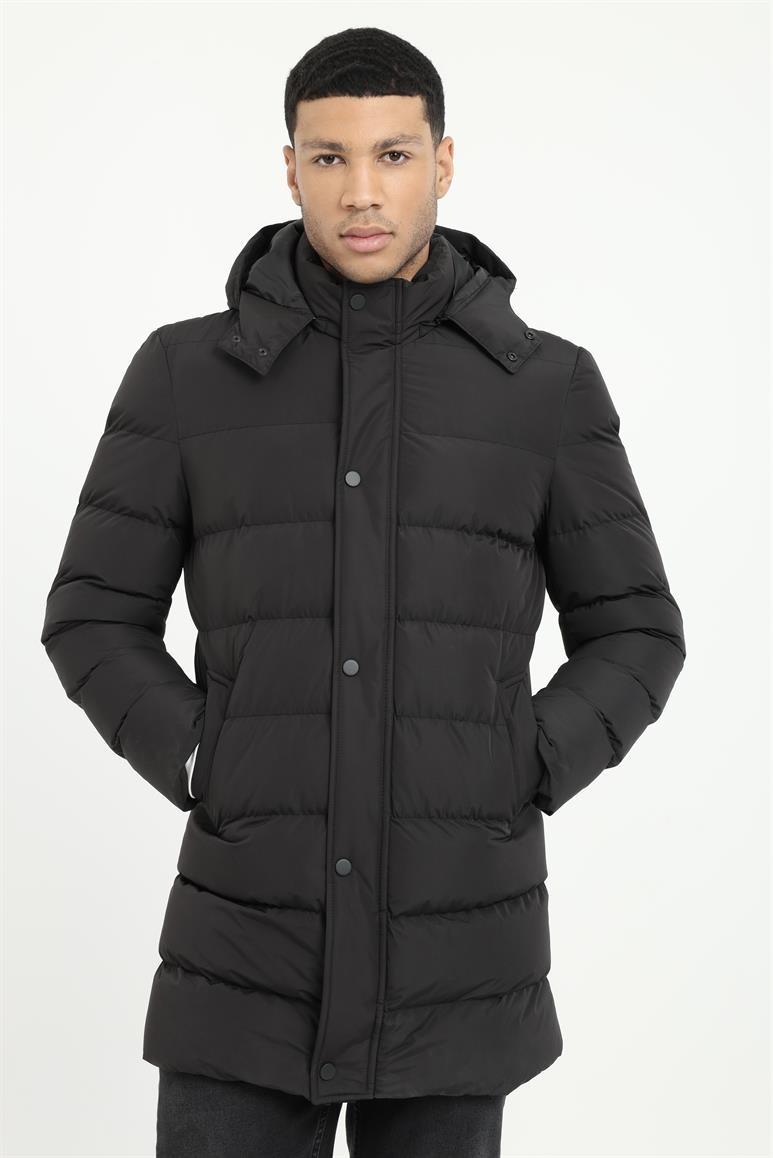 Siyah Slim Fit Şişme Kapüşonlu Erkek Mont