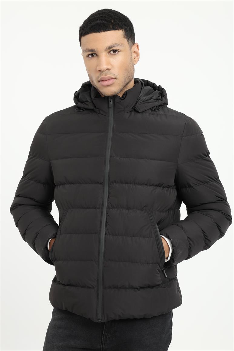 Siyah Slim Fit Şişme Kapüşonlu Erkek Mont