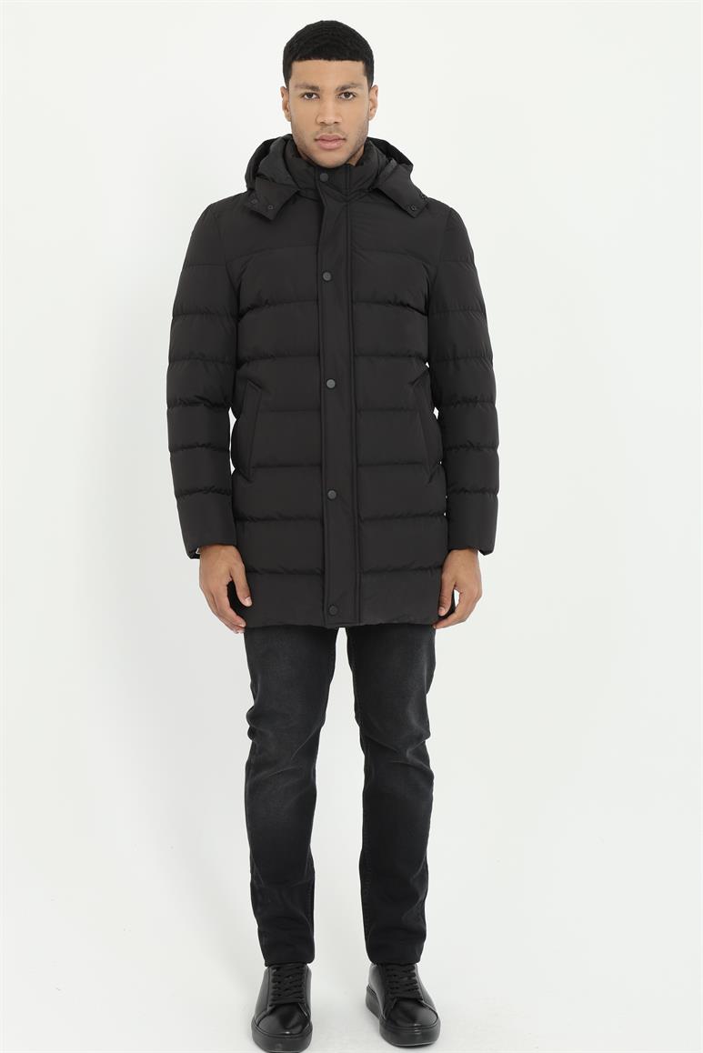 Siyah Slim Fit Şişme Kapüşonlu Erkek Mont