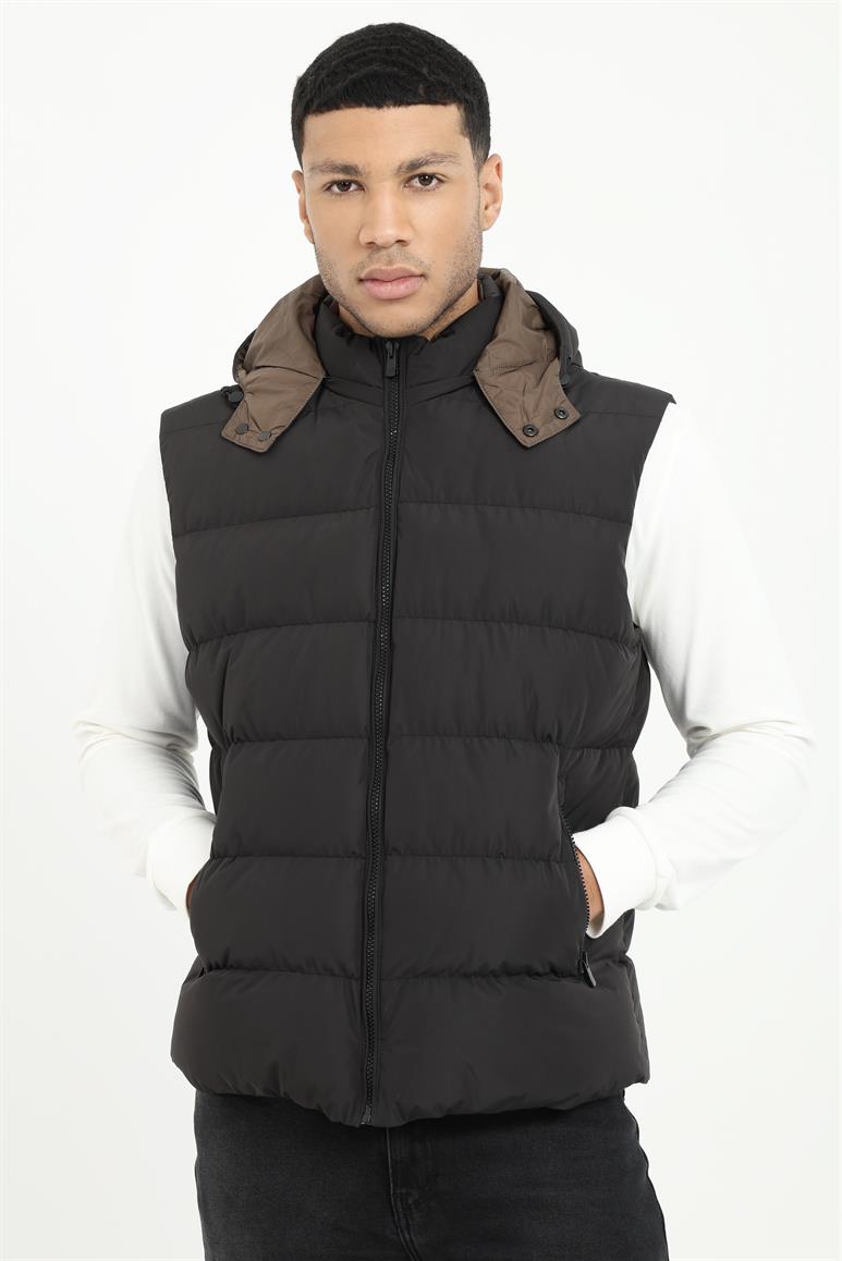 Siyah Slim Fit Şişme Kapüşonlu Erkek Yelek Mont