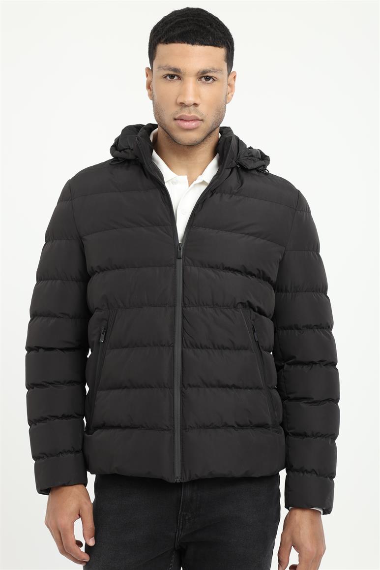 Siyah Slim Fit Şişme Kapüşonlu Erkek Mont