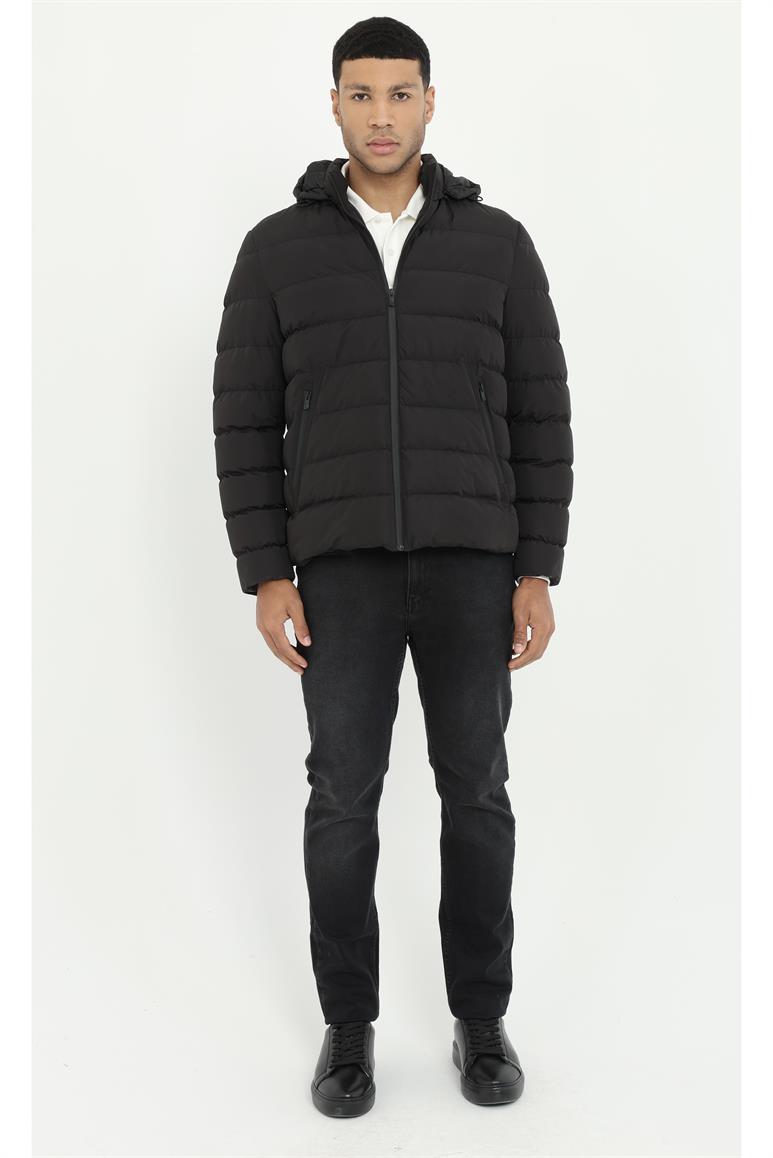 Siyah Slim Fit Şişme Kapüşonlu Erkek Mont