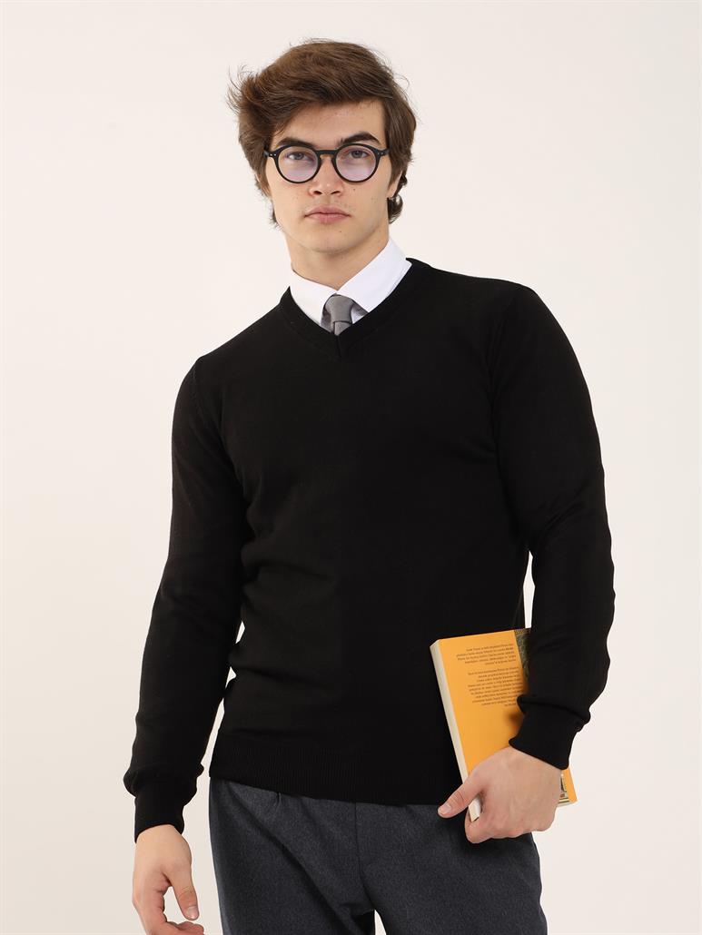 Siyah Erkek Slim Fit Düz Klasik V Yaka Triko 