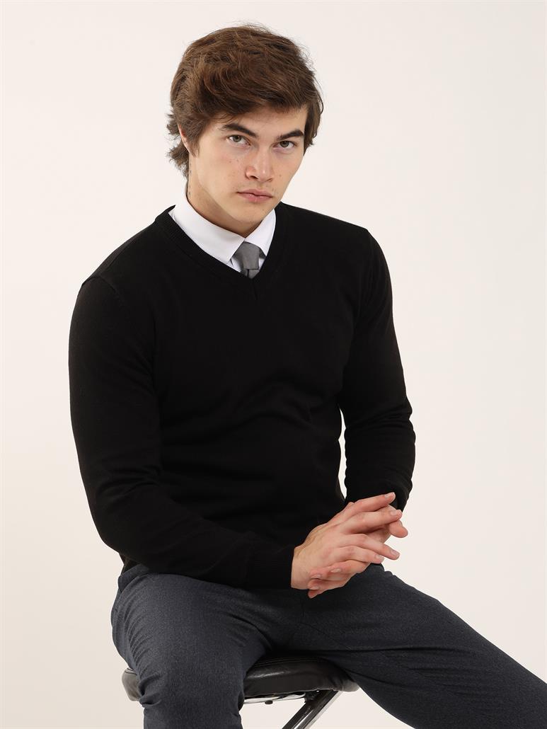 Siyah Erkek Slim Fit Düz Klasik V Yaka Triko 