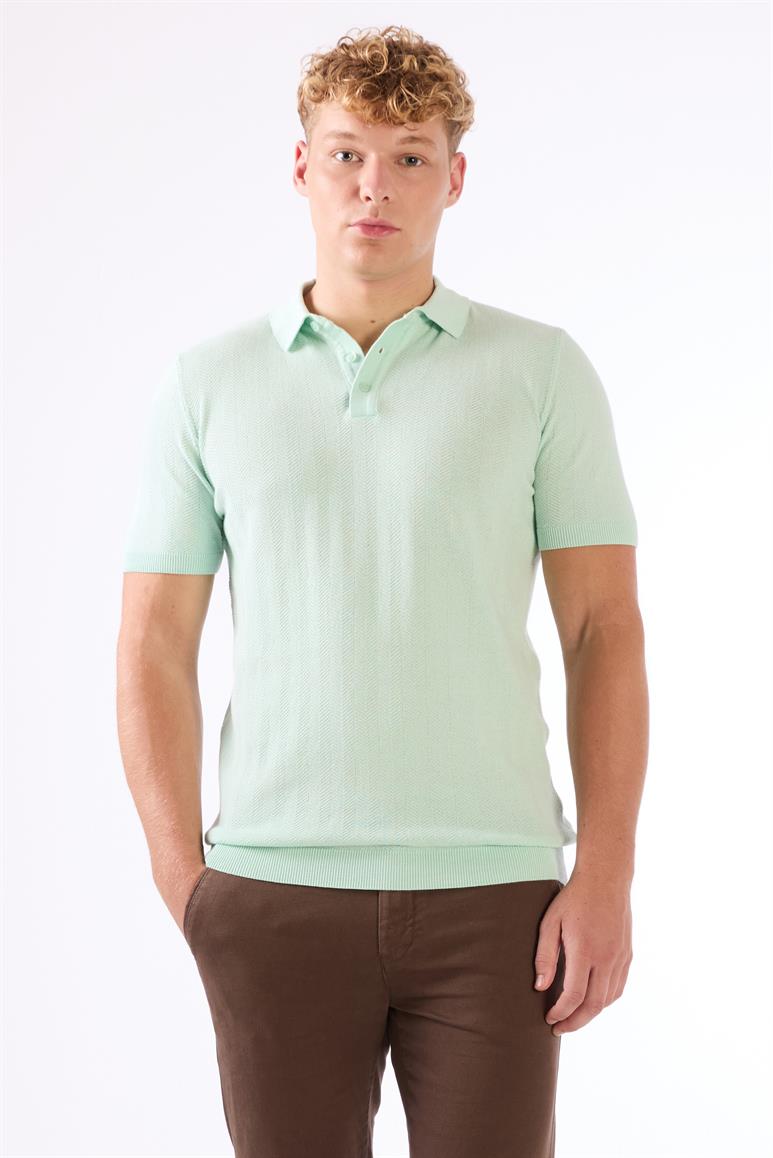  Su Yeşili Erkek Slim Fit Balıksırtı Desenli Polo Yaka Triko 