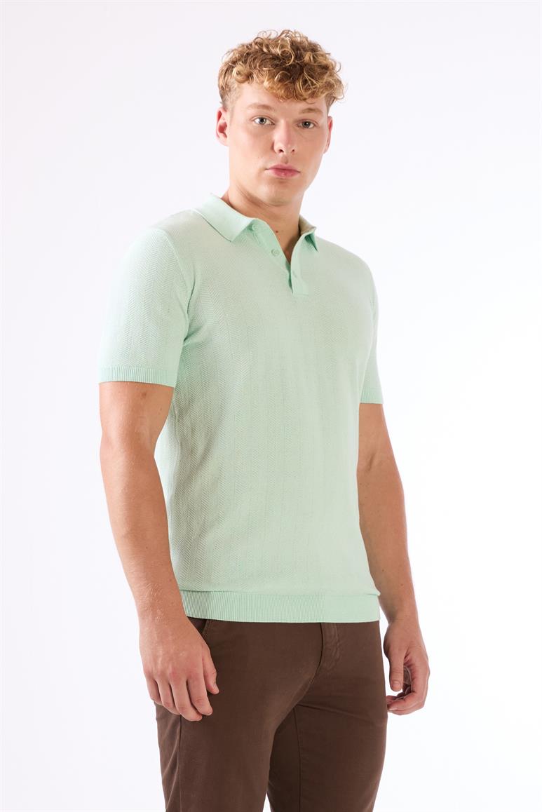  Su Yeşili Erkek Slim Fit Balıksırtı Desenli Polo Yaka Triko 