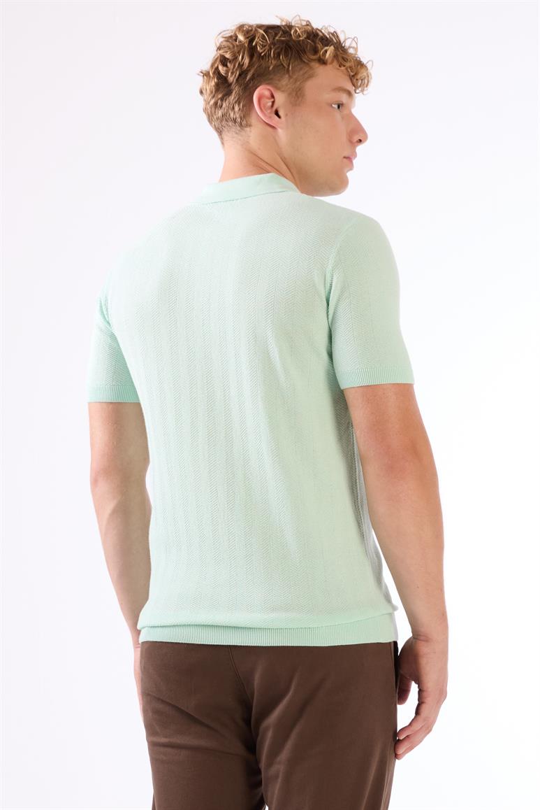  Su Yeşili Erkek Slim Fit Balıksırtı Desenli Polo Yaka Triko 
