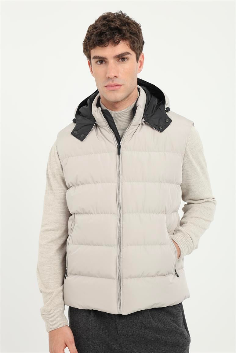Taş Slim Fit Şişme Kapüşonlu Erkek Yelek Mont