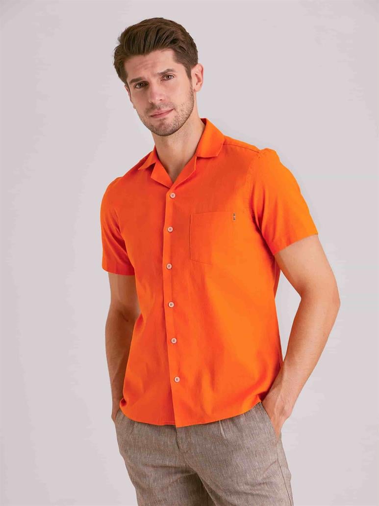 Turuncu Erkek Slim Fit Düz Küba Yaka Kısa Kol Gömlek - 58158