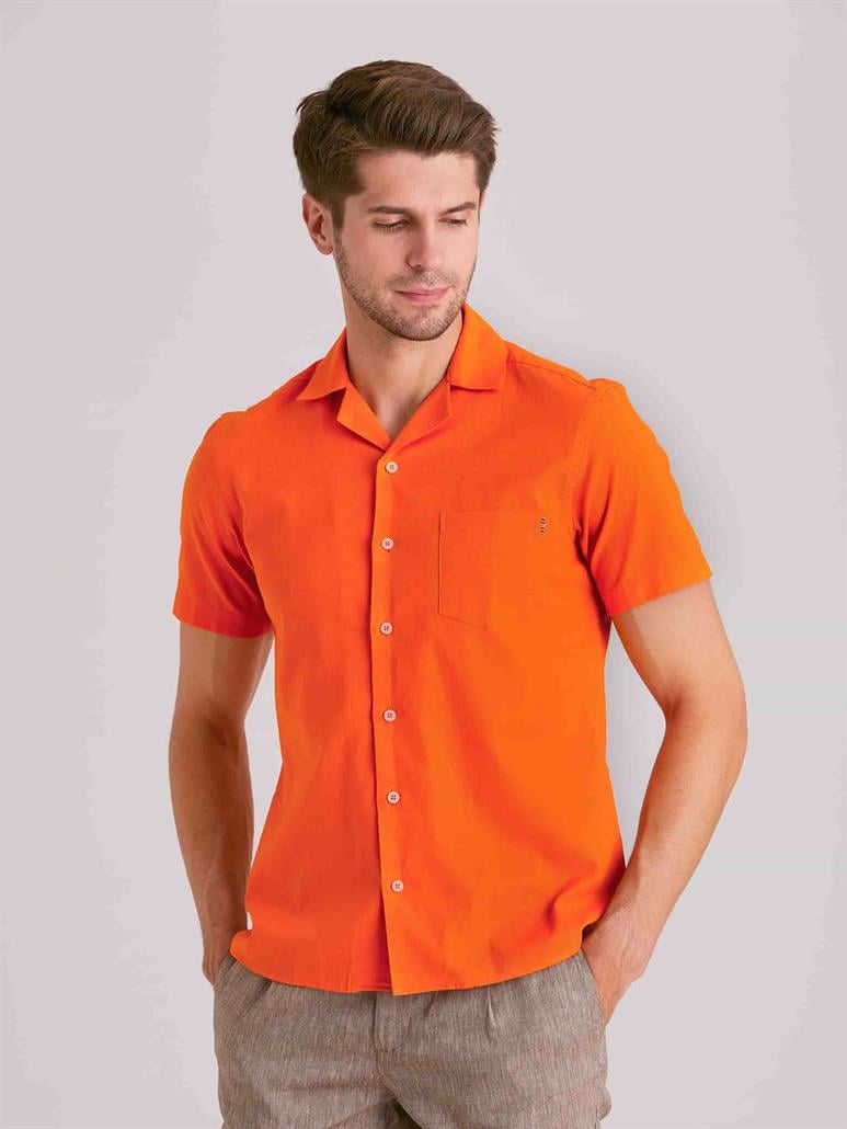 Turuncu Erkek Slim Fit Düz Küba Yaka Kısa Kol Gömlek - 58158