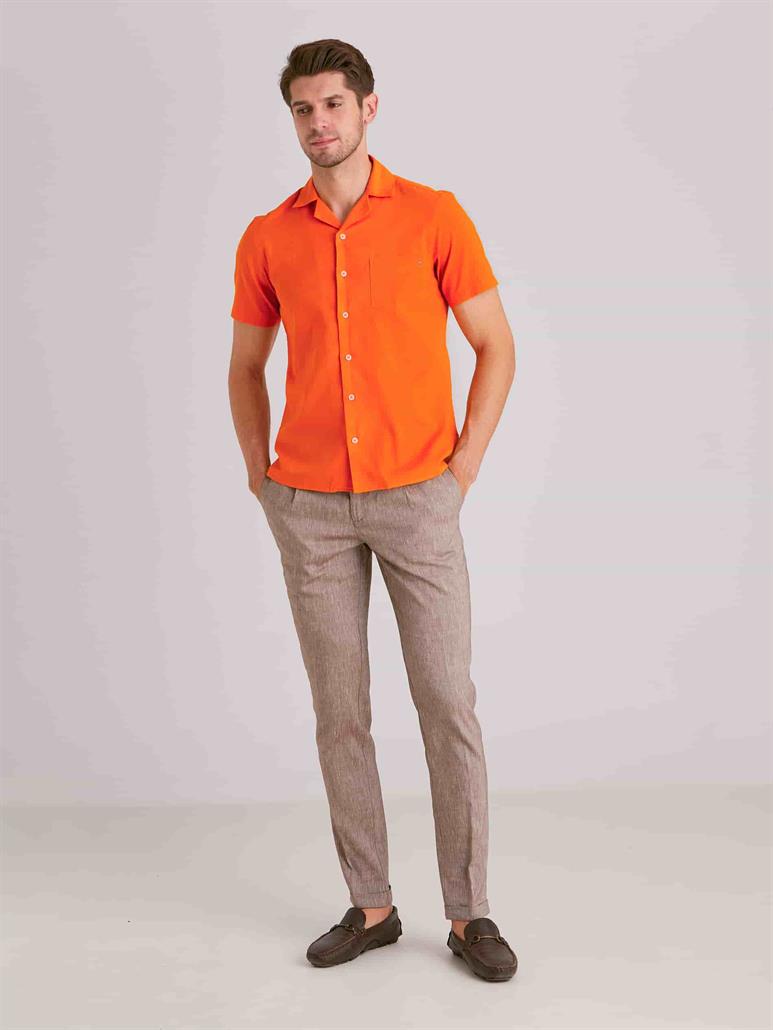 Turuncu Erkek Slim Fit Düz Küba Yaka Kısa Kol Gömlek - 58158