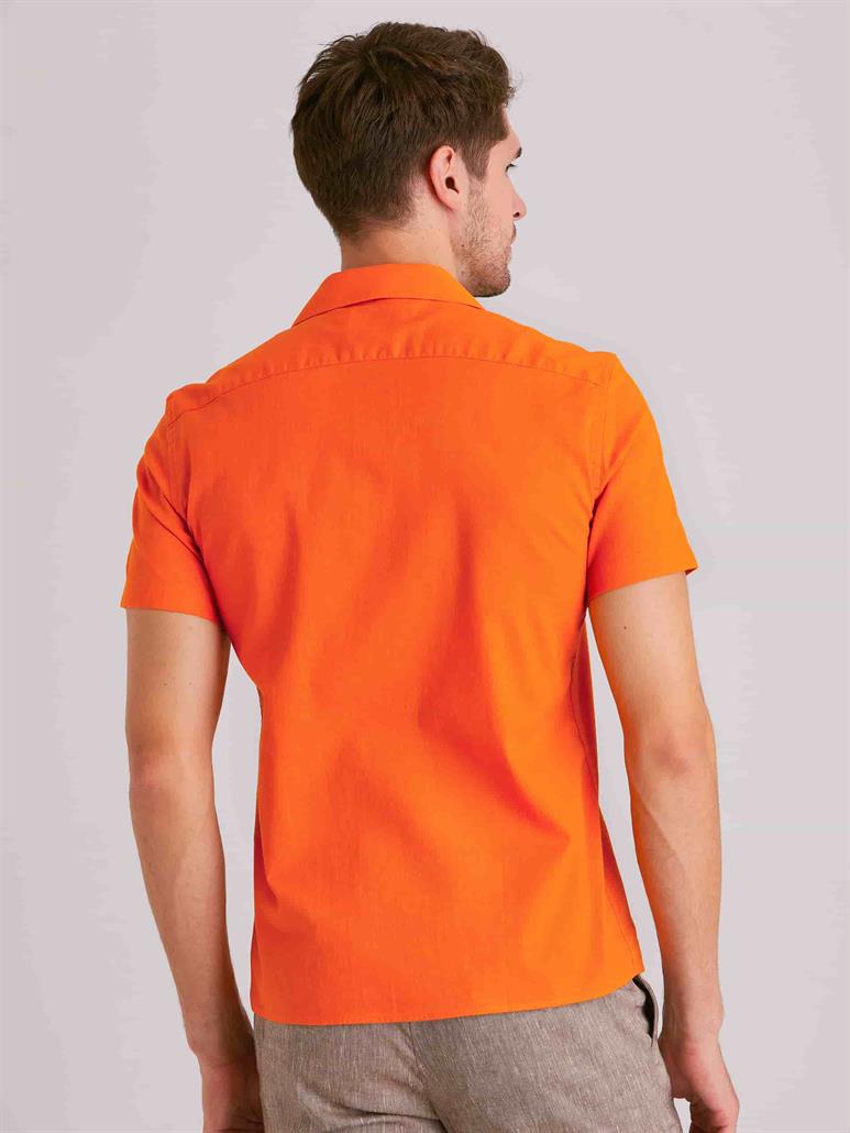 Turuncu Erkek Slim Fit Düz Küba Yaka Kısa Kol Gömlek - 58158