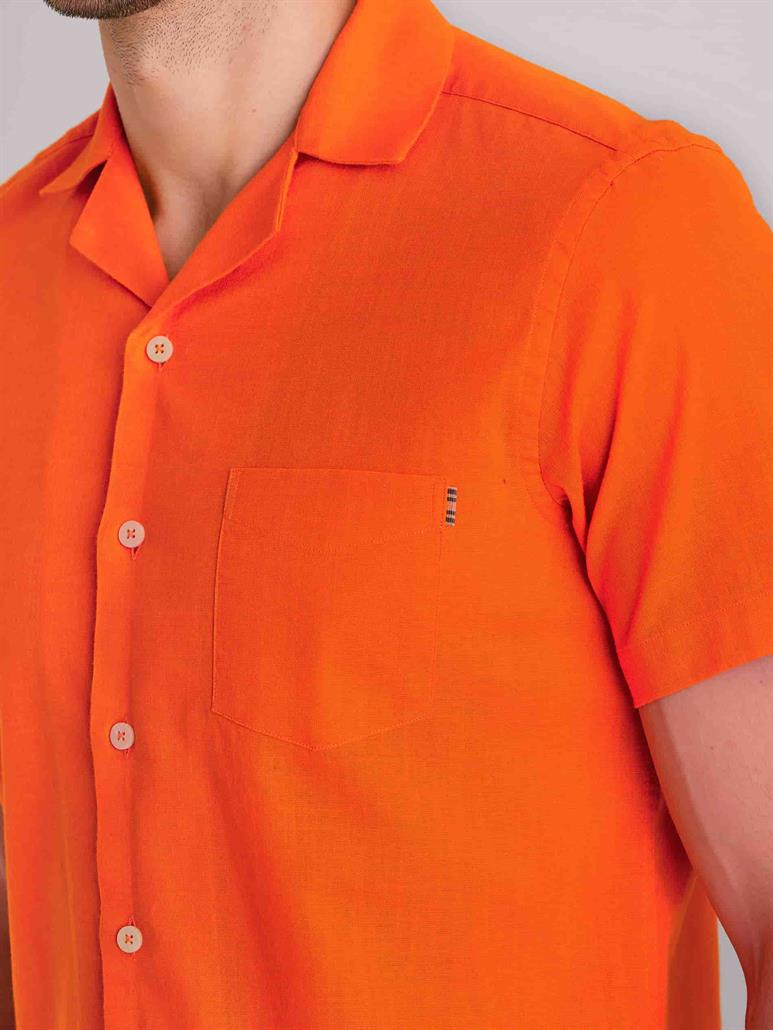 Turuncu Erkek Slim Fit Düz Küba Yaka Kısa Kol Gömlek - 58158
