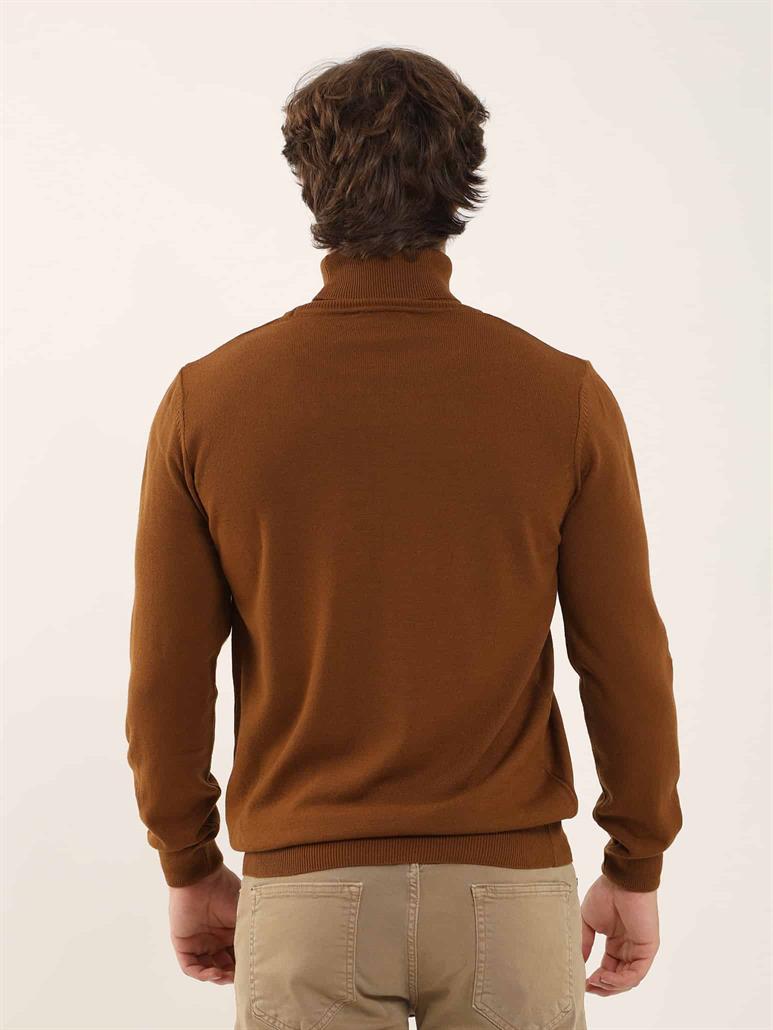 Tütün Erkek Slim Fit Düz Klasik Tam Balıkçı Yaka Triko 