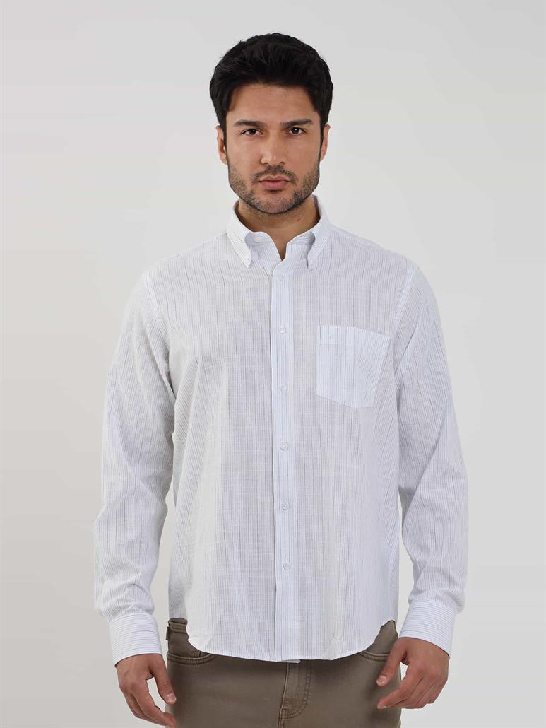 Yeşil Erkek Regular Fit Çizgili Brent Düğmeli Yaka Uzun Kol Gömlek 