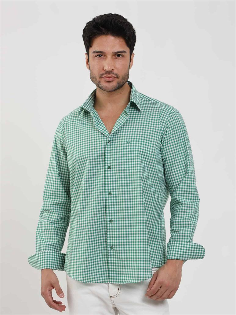Yeşil Erkek Regular Fit Kareli Brent Düğmeli Yaka Uzun Kol Gömlek 