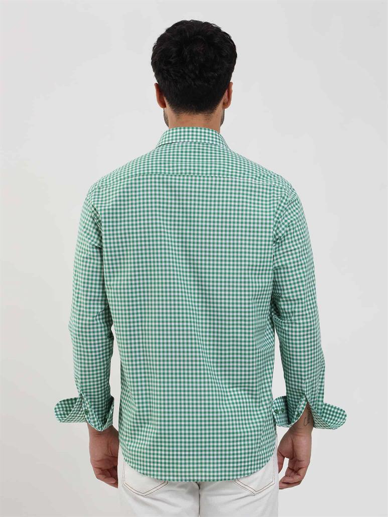 Yeşil Erkek Regular Fit Kareli Brent Düğmeli Yaka Uzun Kol Gömlek 