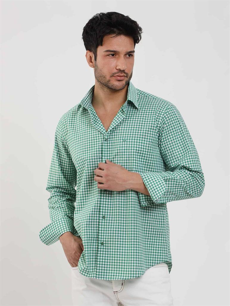 Yeşil Erkek Regular Fit Kareli Brent Düğmeli Yaka Uzun Kol Gömlek 