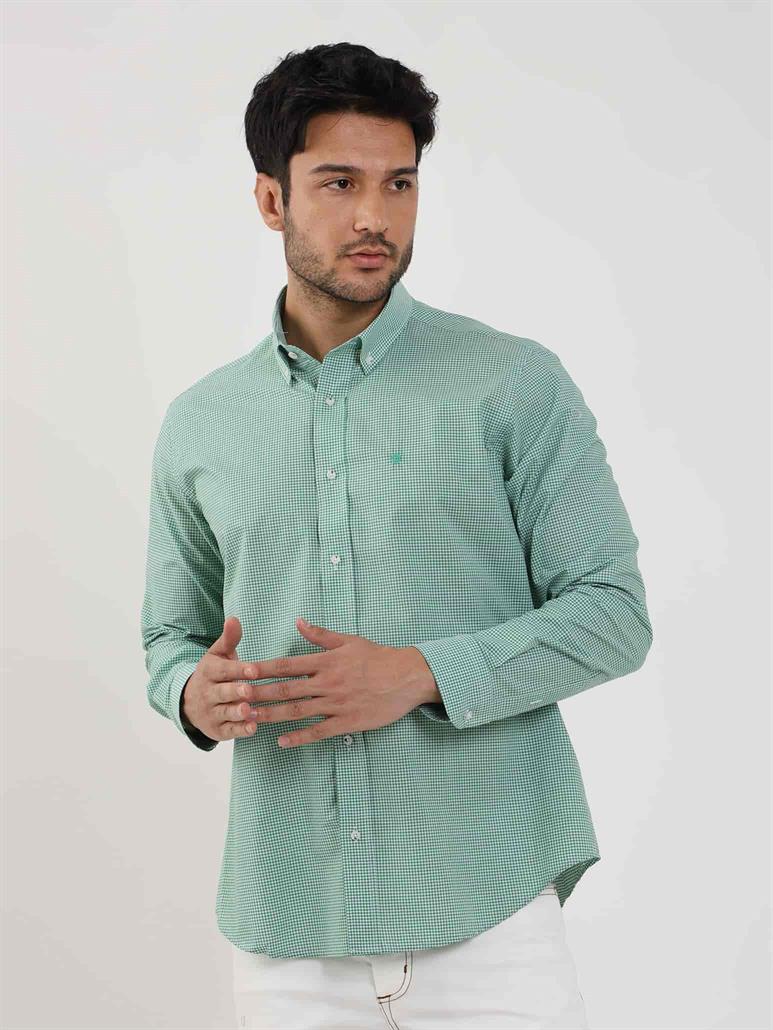 Yeşil Erkek Regular Fit Pitikare Desenli Düğmeli Yaka Uzun Kol Gömlek 