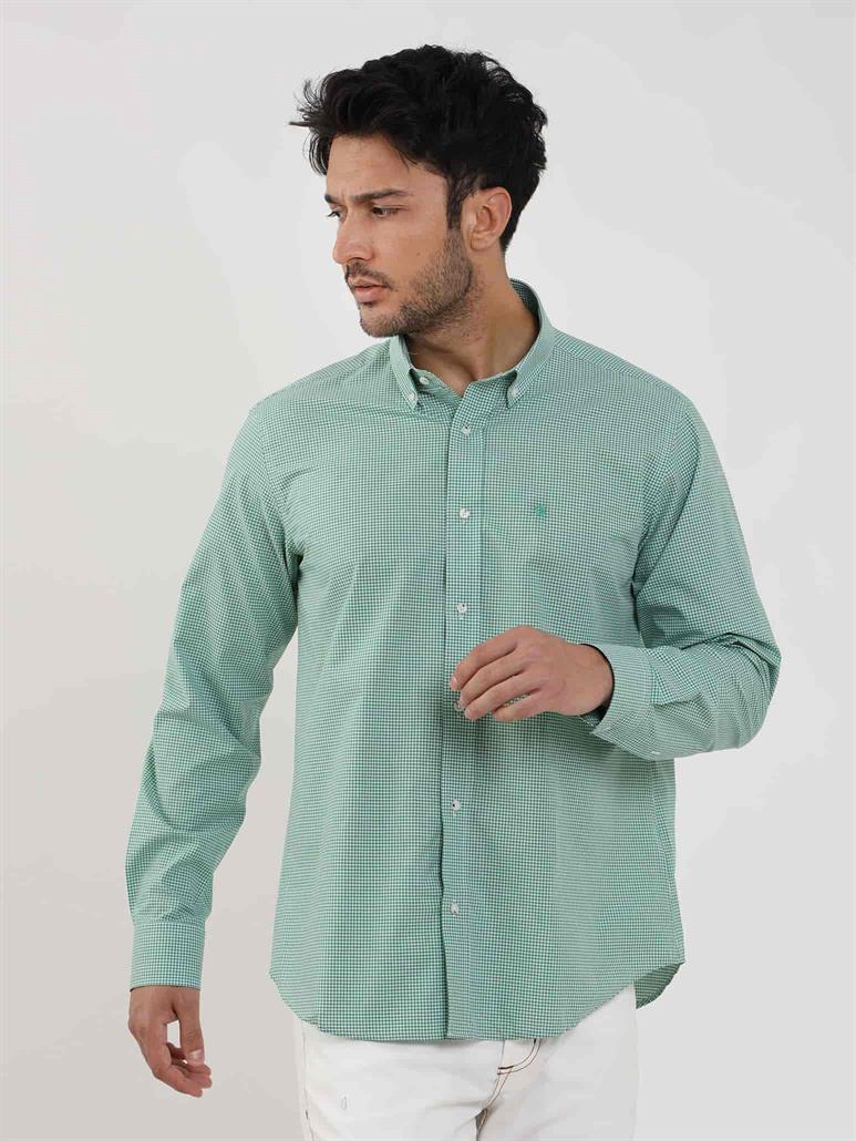 Yeşil Erkek Regular Fit Pitikare Desenli Düğmeli Yaka Uzun Kol Gömlek 