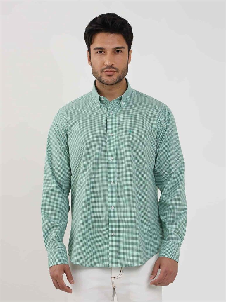 Yeşil Erkek Regular Fit Pitikare Desenli Düğmeli Yaka Uzun Kol Gömlek 