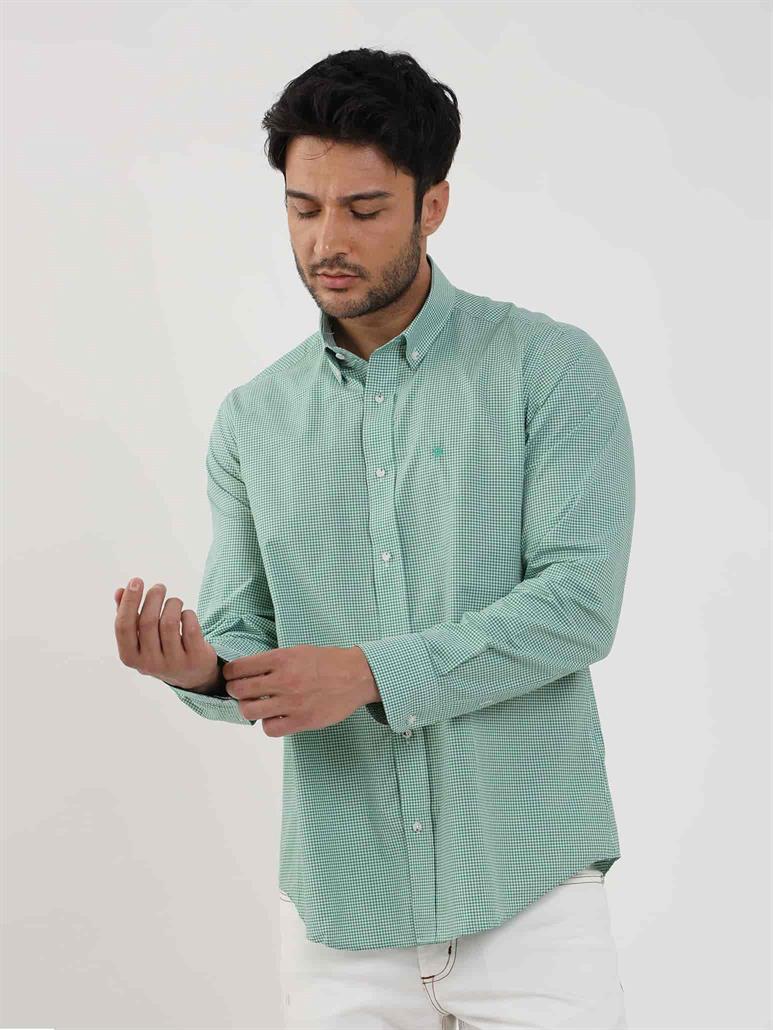 Yeşil Erkek Regular Fit Pitikare Desenli Düğmeli Yaka Uzun Kol Gömlek 