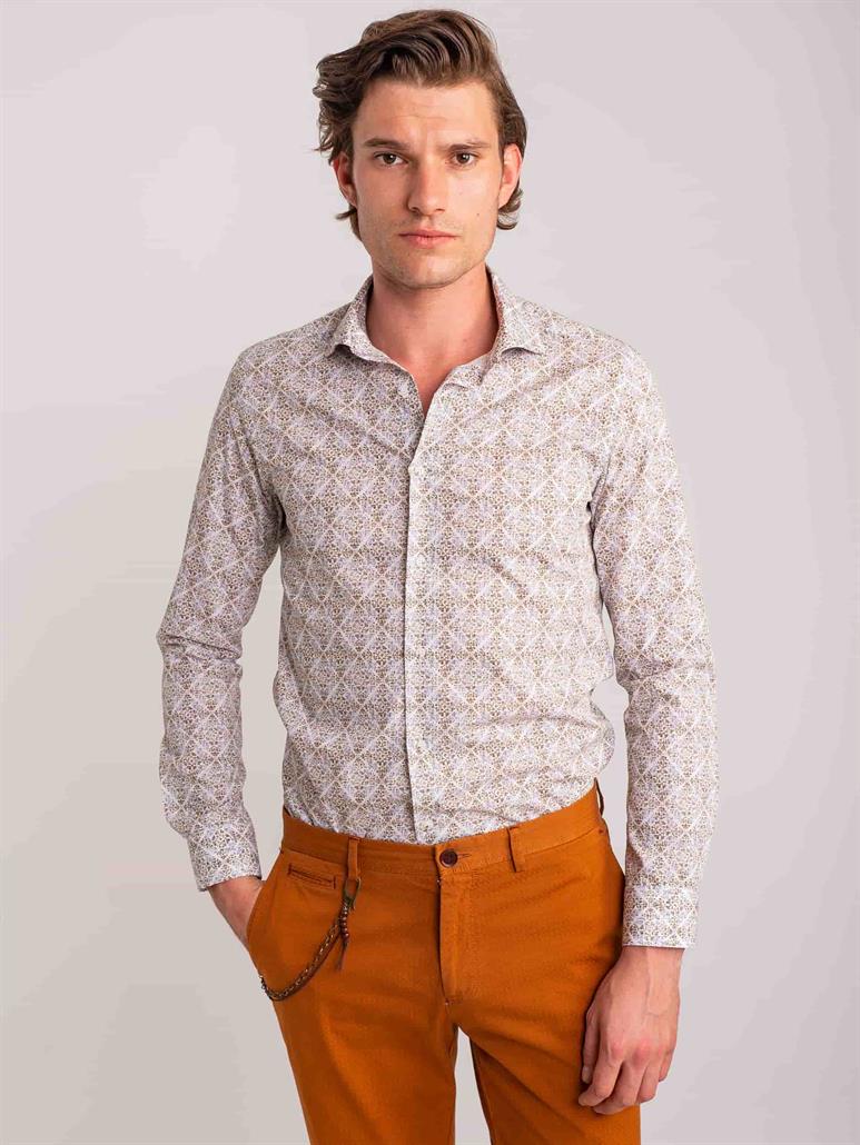 Yeşil Erkek Slim Fit Baskılı Paul Yaka Uzun Kol Gömlek - 60631