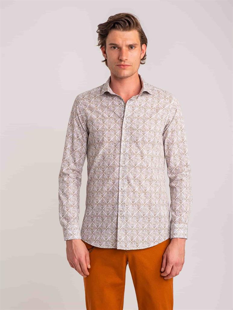 Yeşil Erkek Slim Fit Baskılı Paul Yaka Uzun Kol Gömlek - 60631