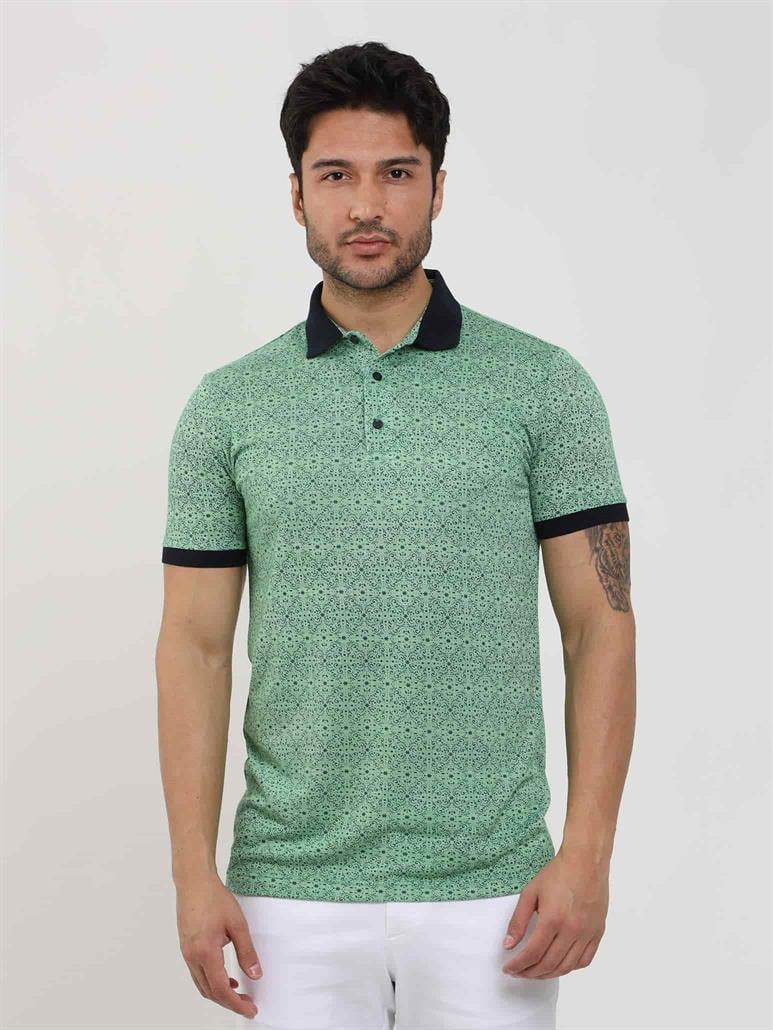 Yeşil Erkek Slim Fit Desenli Polo Yaka T-shirt - 70006