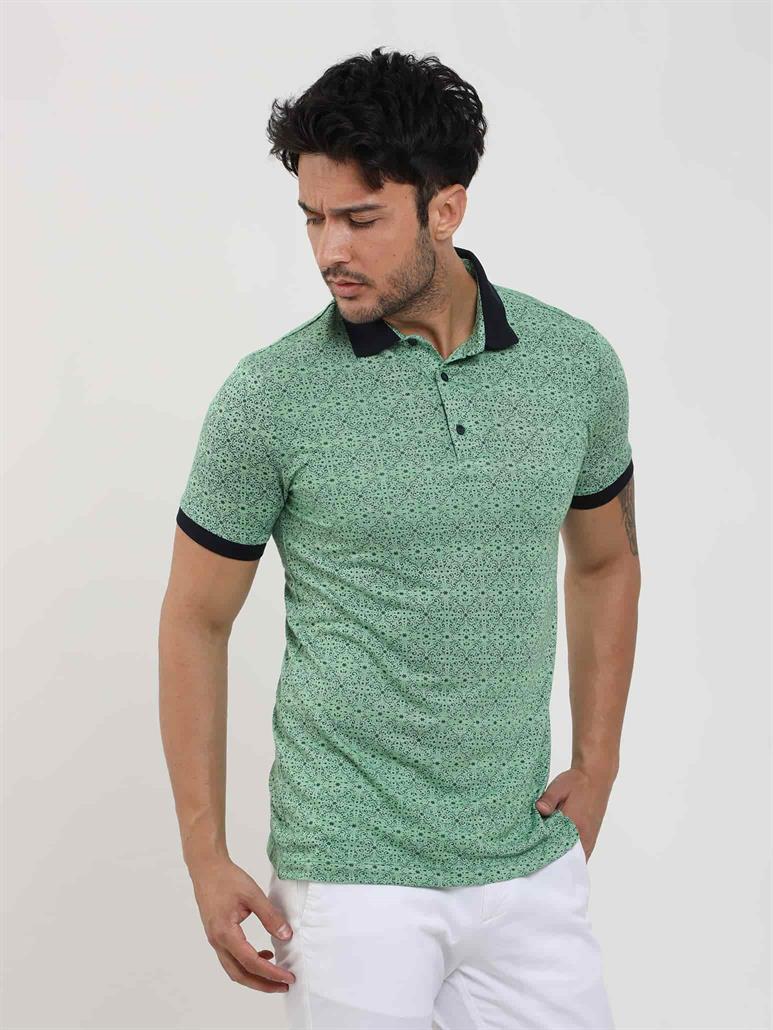 Yeşil Erkek Slim Fit Desenli Polo Yaka T-shirt - 70006