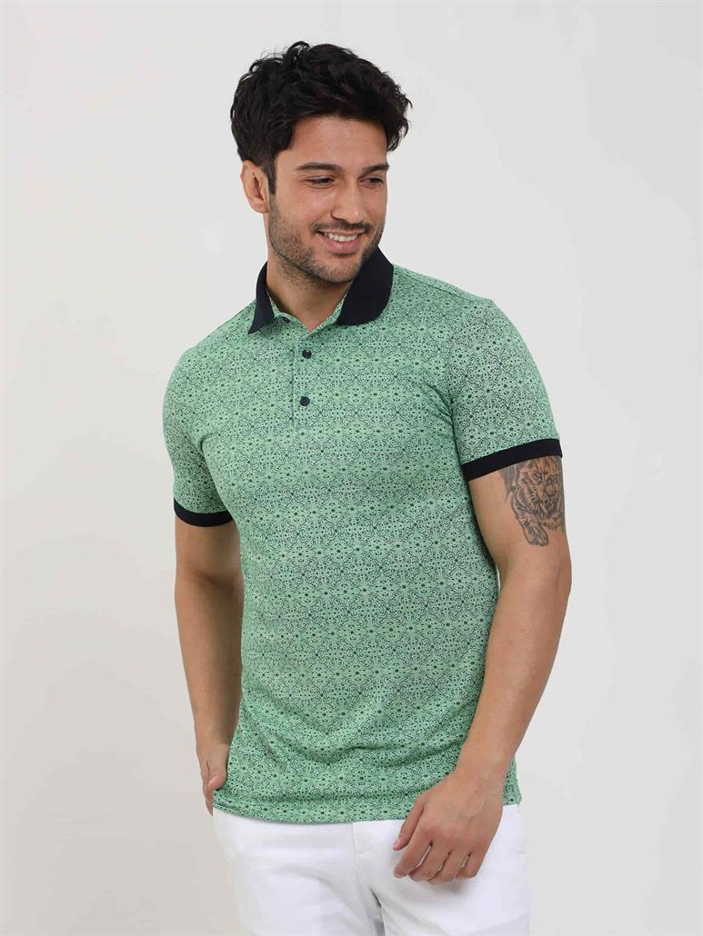 Yeşil Erkek Slim Fit Desenli Polo Yaka T-shirt - 70006