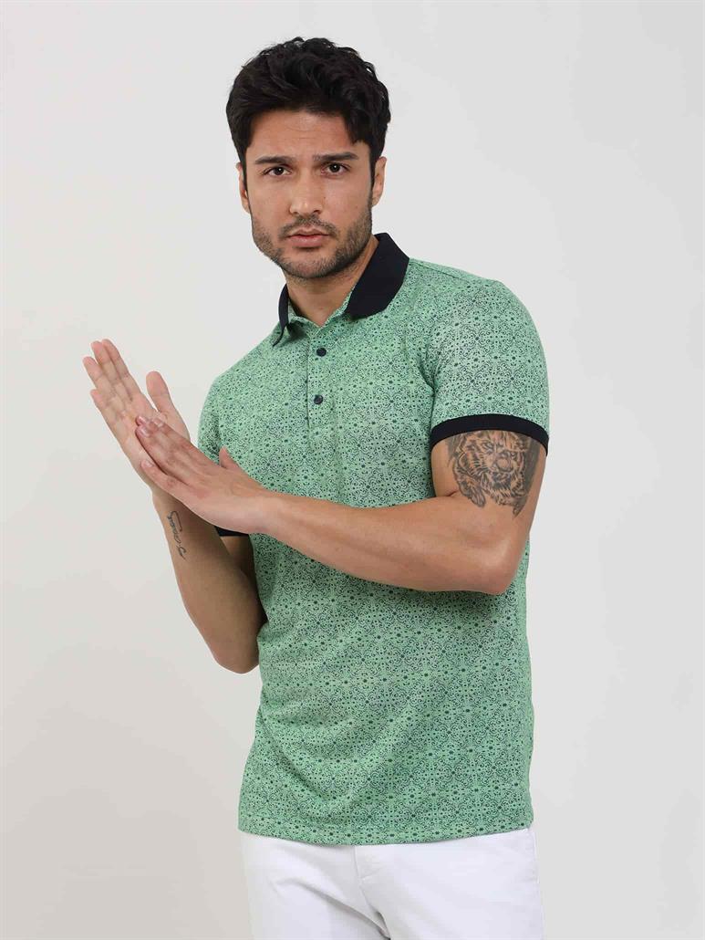 Yeşil Erkek Slim Fit Desenli Polo Yaka T-shirt - 70006