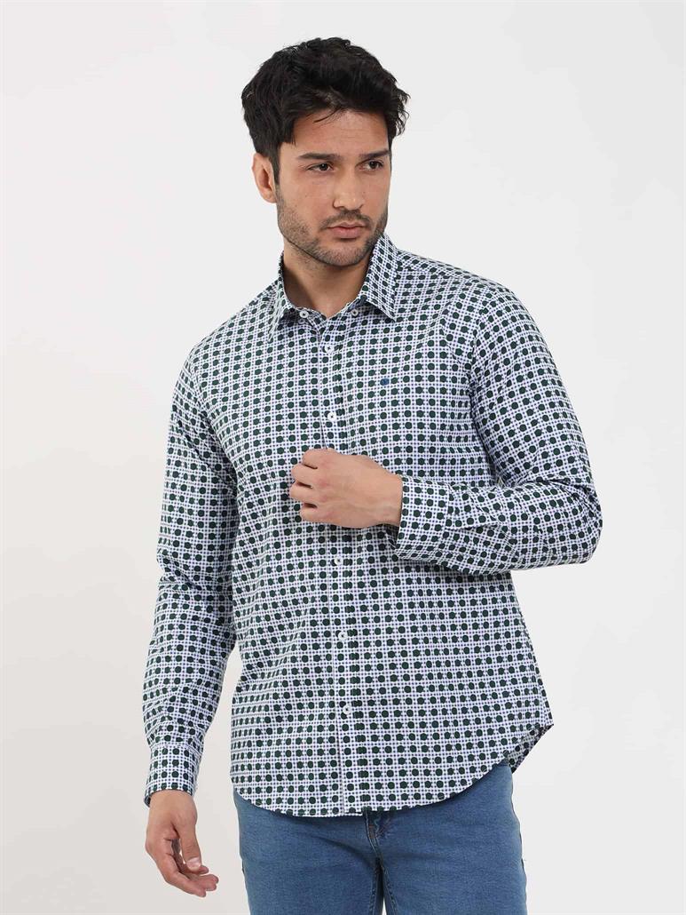Yeşil Erkek Slim Fit Puantiyeli Brent Düğmeli Yaka Uzun Kol Gömlek 