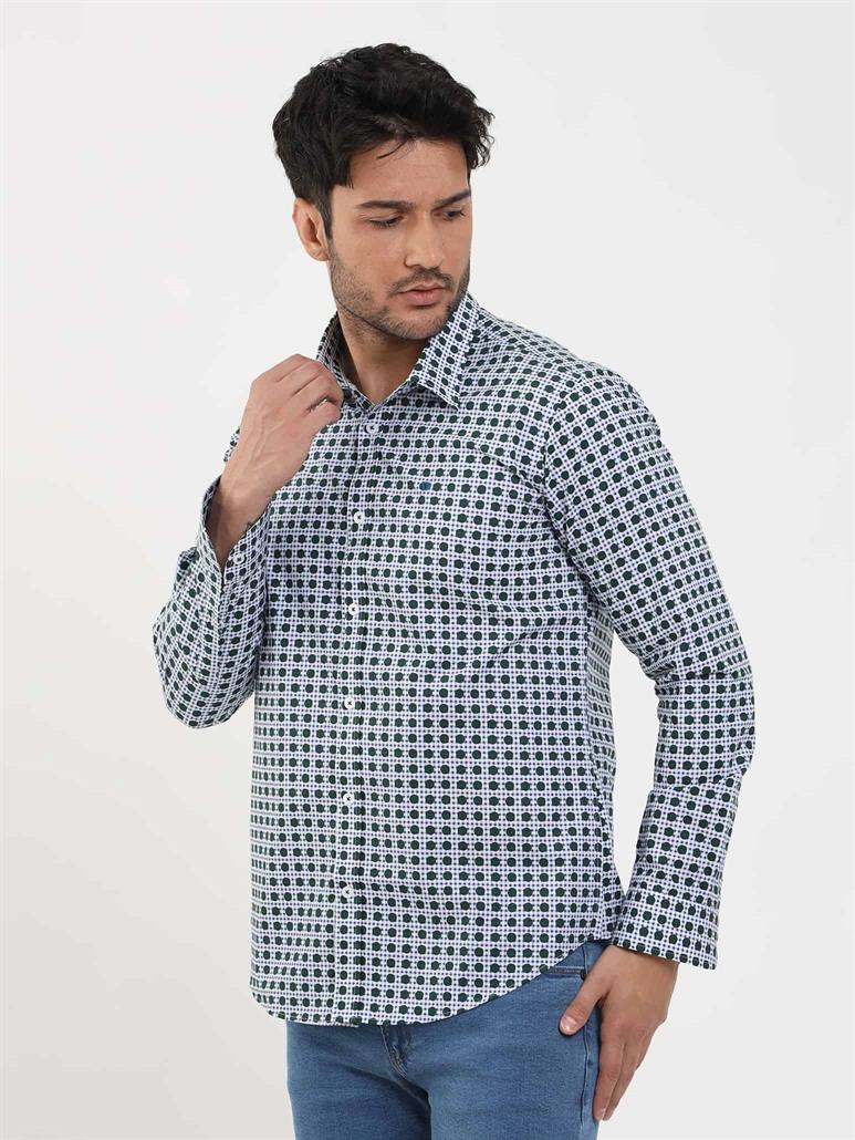 Yeşil Erkek Slim Fit Puantiyeli Brent Düğmeli Yaka Uzun Kol Gömlek 