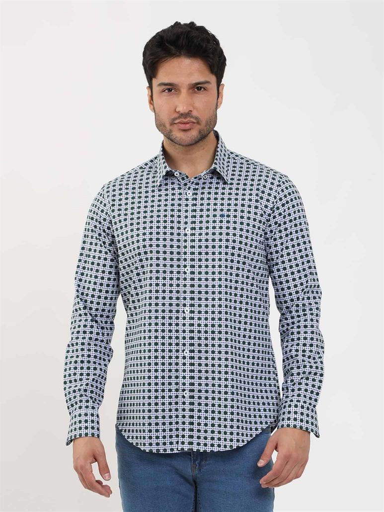 Yeşil Erkek Slim Fit Puantiyeli Brent Düğmeli Yaka Uzun Kol Gömlek 