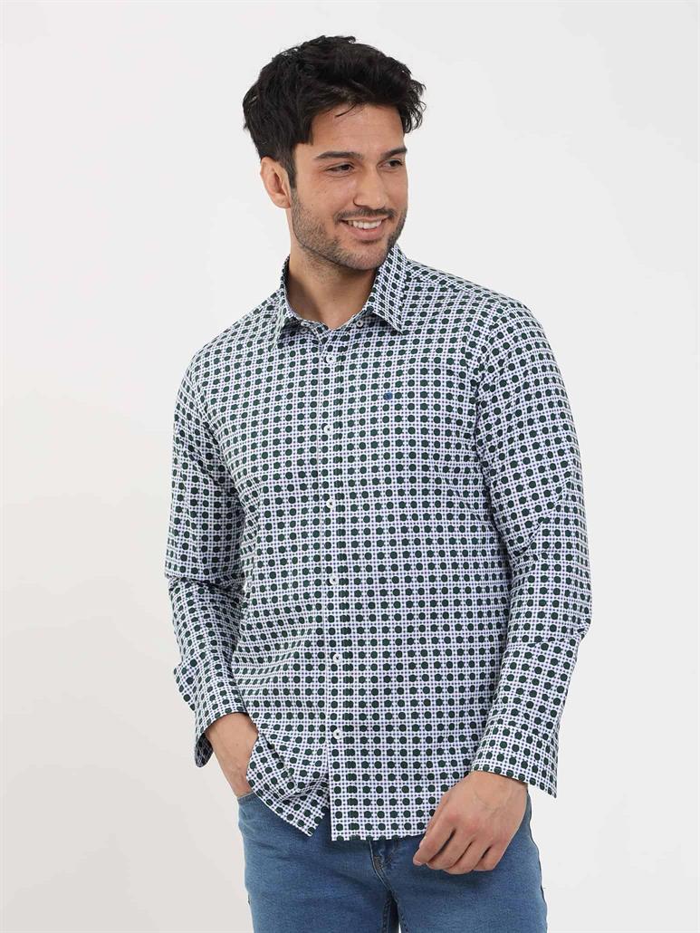 Yeşil Erkek Slim Fit Puantiyeli Brent Düğmeli Yaka Uzun Kol Gömlek 