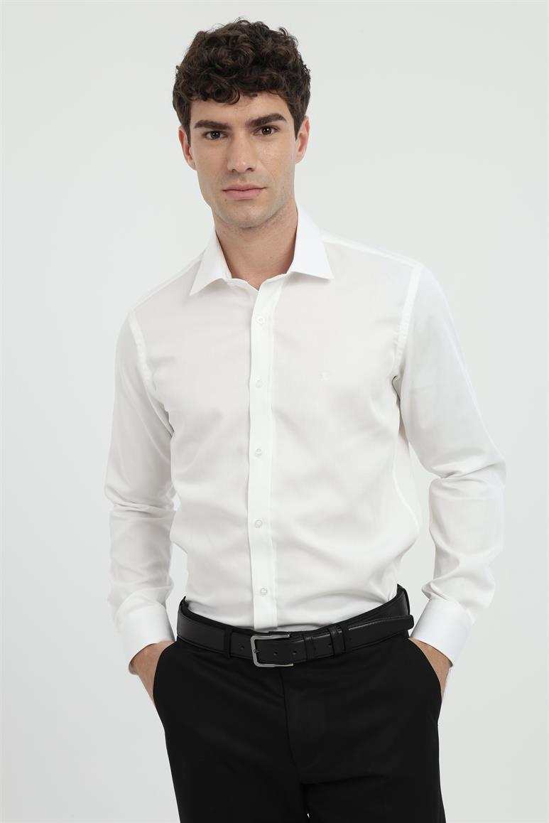 Ekru Klasik Yaka Slim Fit Gömlek